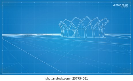 Perspective 3D render of building wireframe. Vector blueprint background.