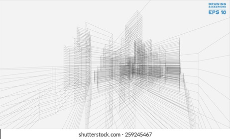 Perspective 3D render of building wireframe. Vector blueprint background.