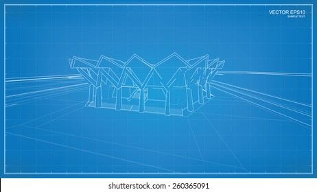 Perspective 3D render of building wireframe. Vector blueprint background.