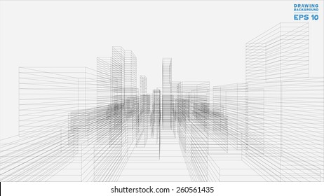 Perspective 3D render of building wireframe. Vector blueprint background.