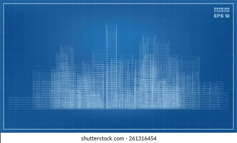 Perspective 3D Render Of Building Wireframe. Vector Blueprint Background.