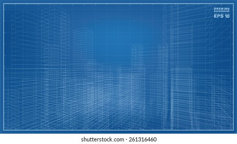 Perspective 3D render of building wireframe. Vector blueprint background.