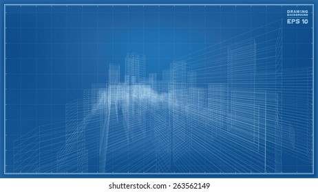 Perspective 3D render of building wireframe. Vector blueprint background.