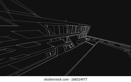 Perspective 3D render of building wireframe - Vector illustration 