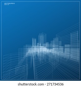 Perspective 3D render of building wireframe. Vector blueprint background.
