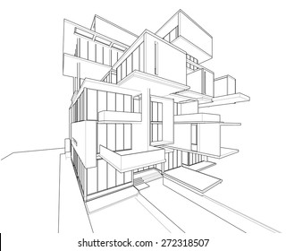 Perspective 3D render of building wireframe - Vector illustration 