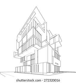 Perspective 3D render of building wireframe - Vector illustration 
