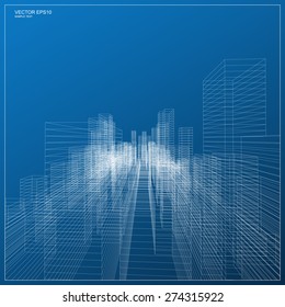 Perspective 3D render of building wireframe. Vector blueprint background.