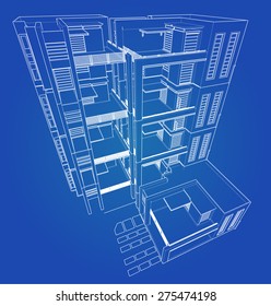  
Perspective 3D render of building wireframe - Vector illustration 