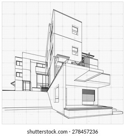 Perspective 3D render of building wireframe - Vector illustration