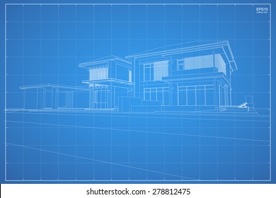 Perspective 3D render of building wireframe - Vector illustration