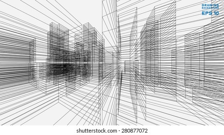 Perspective 3D render of building wireframe. Vector blueprint background.