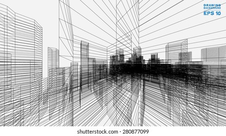 Perspective 3D render of building wireframe. Vector blueprint background.