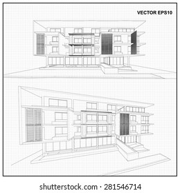 Perspective 3D render of building wireframe - Vector illustration