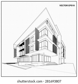 Perspective 3D render of building wireframe - Vector illustration