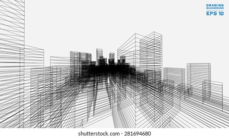 Perspective 3D render of building wireframe. Vector blueprint background.
