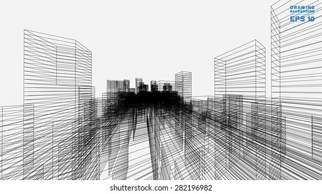 Perspective 3D render of building wireframe. Vector blueprint background.