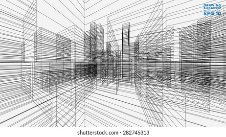 Perspective 3D render of building wireframe. Vector blueprint background.