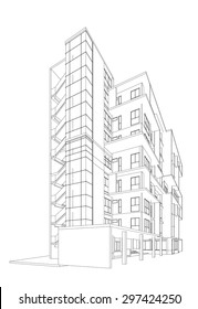 Perspective 3D render of building wireframe.