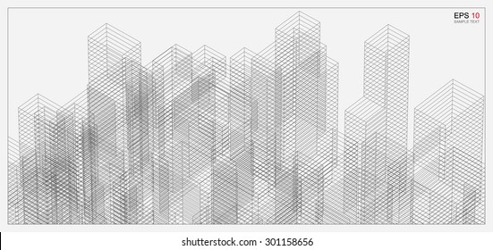 Perspective 3D render of building wireframe. Vector blueprint background.