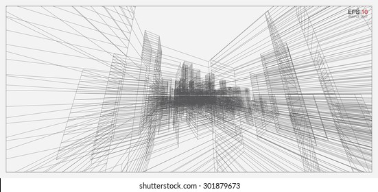 Perspective 3D render of building wireframe. Vector blueprint background.