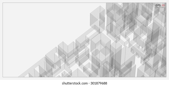 Perspective 3D render of building wireframe. Vector blueprint background.