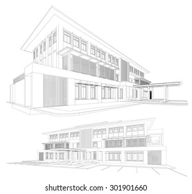 Perspective 3D render of building wireframe - Vector illustration