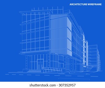 Perspective 3D render of building wireframe - Vector illustration