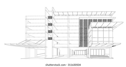 Perspective 3D render of building wireframe - Vector illustration