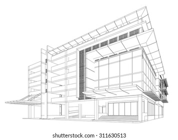 Perspective 3D render of building wireframe - Vector illustration