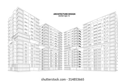 Perspective 3D render of building wireframe - Vector illustration