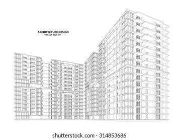 Perspective 3D render of building wireframe - Vector illustration