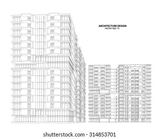 Perspective 3D render of building wireframe - Vector illustration