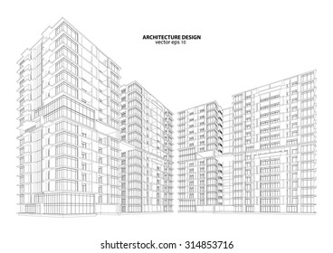 Perspective 3D render of building wireframe - Vector illustration