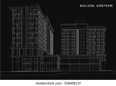 Perspective 3D render of building wireframe - Vector illustration