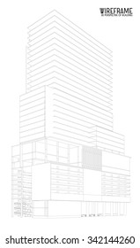 Perspective 3D render of building wireframe - Vector illustration
