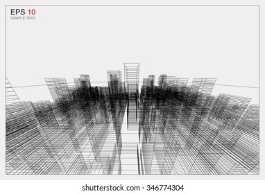 Perspective 3D render of building wireframe. Vector blueprint background of cityscape.