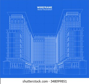 Perspective 3D render of building wireframe - Vector illustration