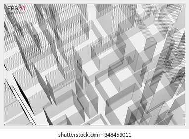 Perspective 3D render of building wireframe. Vector abstract background.