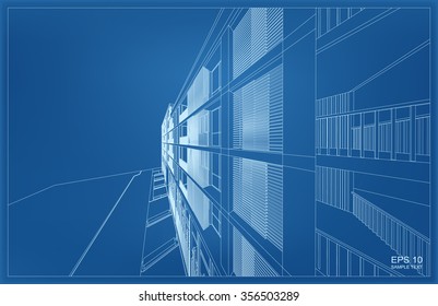 Perspective 3D render of building wire-frame. Vector blueprint background.