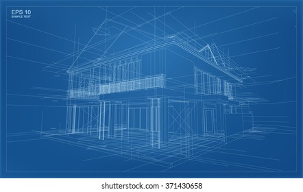 Perspective 3D Render Of Building Wireframe. Vector Blueprint Background.