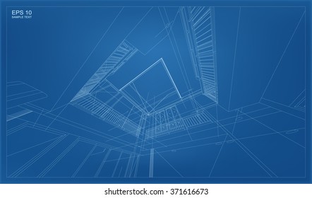 Perspective 3D Render Of Building Wireframe. Vector Blueprint Background.