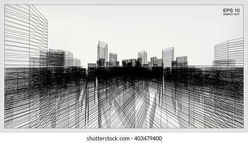 Perspective 3D render of building wireframe. Vector construction graphic idea.