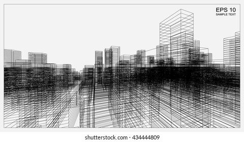 Perspective 3D render of building wireframe. Vector wireframe city background of building.