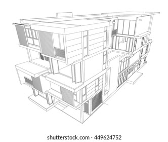 Perspective 3D render of building wireframe.