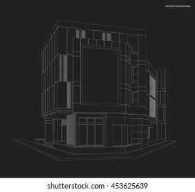 Perspective 3D render of building wireframe.