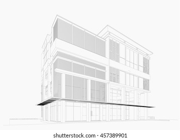 Perspective 3D render of building wireframe.