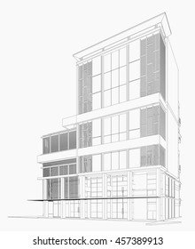 Perspective 3D render of building wireframe.