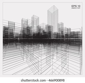 Perspective 3D render of building wireframe. Vector construction graphic idea.
