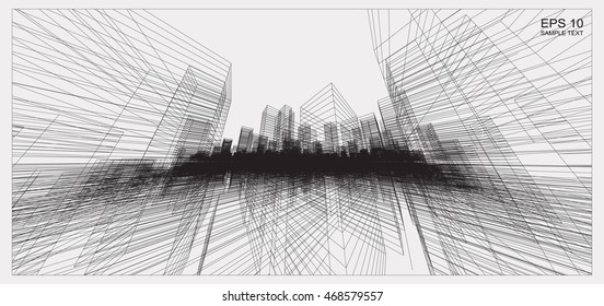 Perspective 3D render of building wireframe. Vector construction graphic idea.